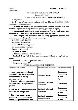 Kế hoạch bài dạy Môn Tiếng Anh Lớp 3 - Tuần 21: Unit 15: Do you have any toys? - Năm học 2021-2022 (Vi Thị Hoa)