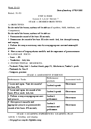 Kế hoạch bài dạy Môn Tiếng Anh Lớp 3 - Tuần 22+23: Unit 8: Food - Năm học 2021-2022 (Vi Thị Hoa)