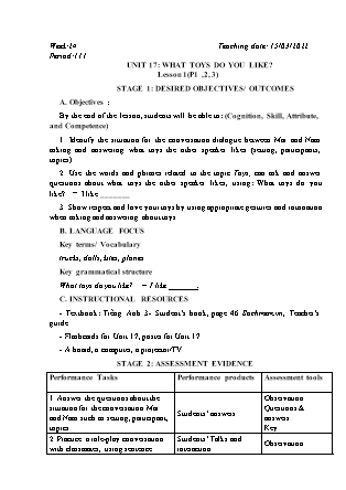 Kế hoạch bài dạy Môn Tiếng Anh Lớp 3 - Tuần 24: Unit 17: What toys do you like? - Năm học 2021-2022 (Vi Thị Hoa)