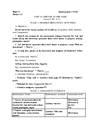 Kế hoạch bài dạy Môn Tiếng Anh Lớp 3 - Tuần 27: Unit 19: Theyre in the park - Năm học 2021-2022 (Vi Thị Hoa)