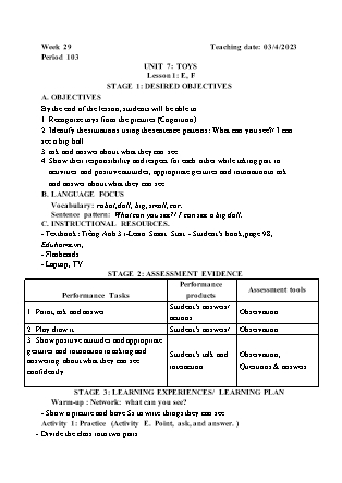 Kế hoạch bài dạy môn Tiếng Anh Lớp 3 - Tuần 29 năm học 2022-2023 (Vì Thị Hoa)