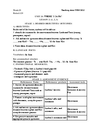 Kế hoạch bài dạy Môn Tiếng Anh Lớp 3 - Tuần 29: Unit 20: Wheres Sa Pa? - Năm học 2021-2022 (Vi Thị Hoa)