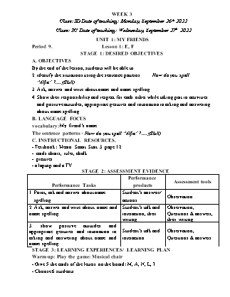 Kế hoạch bài dạy môn Tiếng Anh Lớp 3 - Tuần 3 năm học 2022-2023 (Phan Thị Thu Lài)