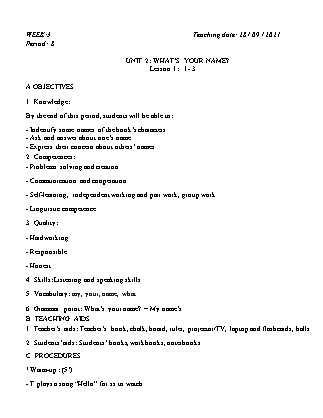 Kế hoạch bài dạy Môn Tiếng Anh Lớp 3 - Tuần 3: Unit 2: Whats your name? - Năm học 2021-2022 (Vi Thị Hoa)