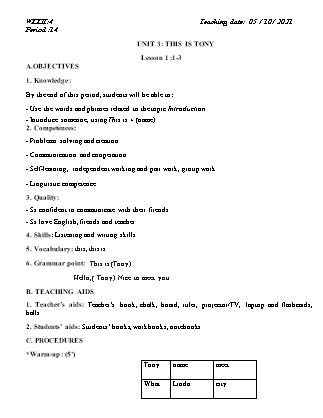 Kế hoạch bài dạy Môn Tiếng Anh Lớp 3 - Tuần 4: Unit 3: This is tony - Năm học 2021-2022 (Vi Thị Hoa)