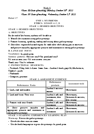 Kế hoạch bài dạy môn Tiếng Anh Lớp 3 - Tuần 5 năm học 2022-2023 (Phan Thị Thu Lài)
