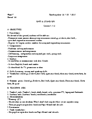 Kế hoạch bài dạy Môn Tiếng Anh Lớp 3 - Tuần 7: Unit 6: Stand up! - Năm học 2021-2022 (Vi Thị Hoa)