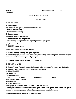 Kế hoạch bài dạy Môn Tiếng Anh Lớp 3 - Tuần 9: Unit 8: This is my pen - Năm học 2021-2022 (Vi Thị Hoa)