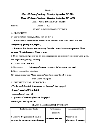 Kế hoạch bài dạy môn Tiếng Anh Lớp 4 - Tuần 1 năm học 2022-2023 (Phan Thị Thu Lài)