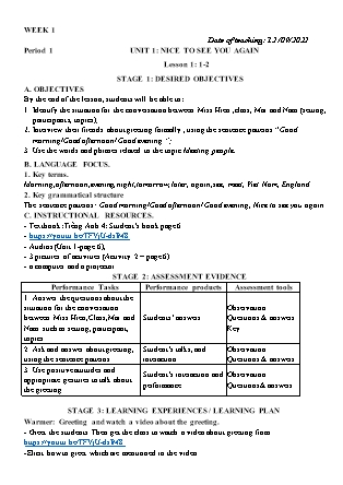 Kế hoạch bài dạy môn Tiếng Anh Lớp 4 - Tuần 1 năm học 2022-2023 (Vì Thị Hoa)