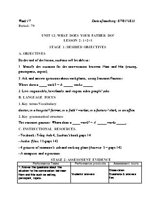 Kế hoạch bài dạy Môn Tiếng Anh Lớp 4 - Tuần 17: Unit 12: What does your father do? - Năm học 2021-2022 (Vi Thị Hoa)