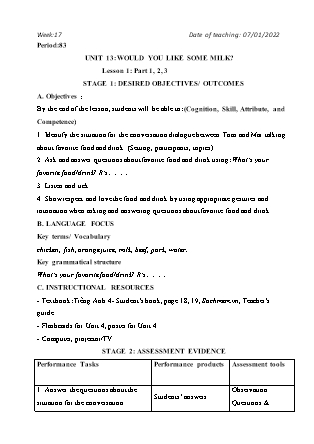 Kế hoạch bài dạy Môn Tiếng Anh Lớp 4 - Tuần 17: Unit 13: Would you like some milk? - Năm học 2021-2022 (GV Vi Thị Hoa)