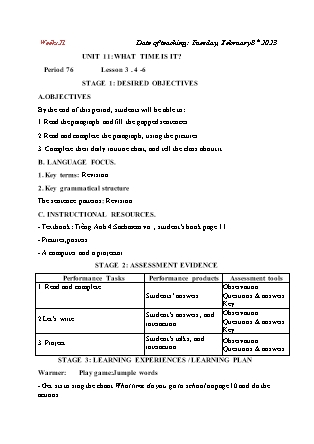 Kế hoạch bài dạy môn Tiếng Anh Lớp 4 - Tuần 21 năm học 2022-2023 (Vì Thị Hoa)