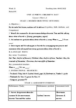 Kế hoạch bài dạy Môn Tiếng Anh Lớp 4 - Tuần 21: Unit 15: Whens childrens day? - Năm học 2021-2022 (Vi Thị Hoa)