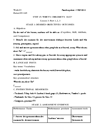 Kế hoạch bài dạy Môn Tiếng Anh Lớp 4 - Tuần 22+23 năm học 2021-2022 (Vi Thị Hoa)