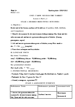 Kế hoạch bài dạy Môn Tiếng Anh Lớp 4 - Tuần 24: Unit 17: How much is the T-shirt? - Năm học 2021-2022 (Vi Thị Hoa)
