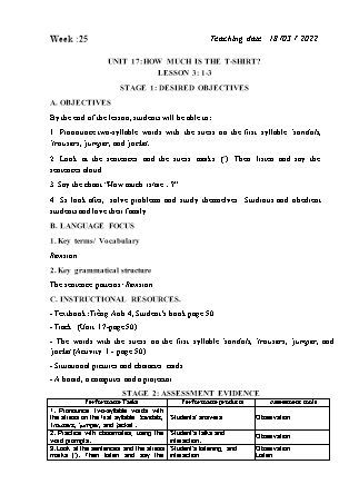 Kế hoạch bài dạy Môn Tiếng Anh Lớp 4 - Tuần 25 năm học 2021-2022 (Vi Thị Hoa)