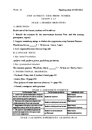 Kế hoạch bài dạy Môn Tiếng Anh Lớp 4 - Tuần 26: Unit 18: Whats your phone number? - Năm học 2021-2022 (Vi Thị Hoa)