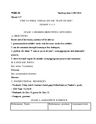 Kế hoạch bài dạy Môn Tiếng Anh Lớp 4 - Tuần 28 năm học 2021-2022 (Vi Thị Hoa)