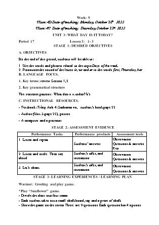 Kế hoạch bài dạy môn Tiếng Anh Lớp 4 - Tuần 5 năm học 2022-2023 (Phan Thị Thu Lài)