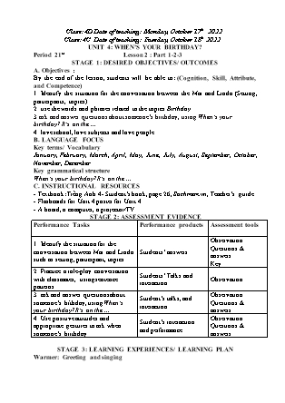 Kế hoạch bài dạy môn Tiếng Anh Lớp 4 - Tuần 6 năm học 2022-2023 (Phan Thị Thu Lài)