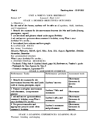 Kế hoạch bài dạy môn Tiếng Anh Lớp 4 - Tuần 6. Unit 4: Whens your birthday? - Năm học 2022-2023 (Vì Thị Hoa)