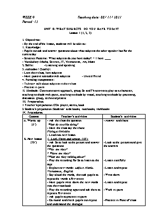 Kế hoạch bài dạy Môn Tiếng Anh Lớp 4 - Tuần 9 năm học 2021-2022 (Phan Thị Thu Lài)