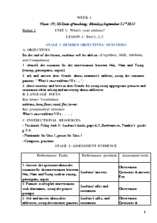 Kế hoạch bài dạy môn Tiếng Anh Lớp 5 - Tuần 1 năm học 2022-2023 (Phan Thị Thu Lài)