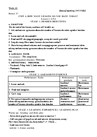 Kế hoạch bài dạy môn Tiếng Anh Lớp 5 - Tuần 10. Unit 6: How many lessons do you have today? - Năm học 2022-2023 (Vì Thị Hoa)