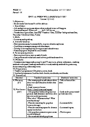 Kế hoạch bài dạy Môn Tiếng Anh Lớp 5 - Tuần 11 năm học 2021-2022 (Phan Thị Thu Lài)