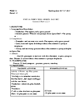 Kế hoạch bài dạy Môn Tiếng Anh Lớp 5 - Tuần 12 năm học 2021-2022 (Phan Thị Thu Lài)