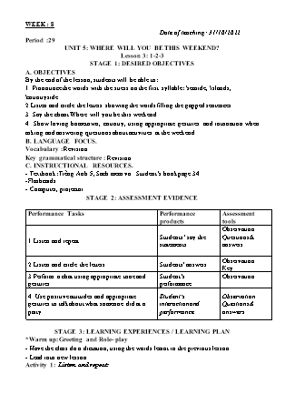 Kế hoạch bài dạy môn Tiếng Anh Lớp 5 - Tuần 8 năm học 2022-2023 (Vì Thị Hoa)