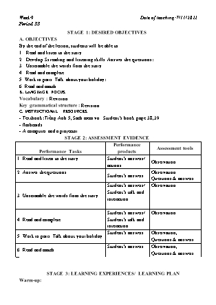 Kế hoạch bài dạy môn Tiếng Anh Lớp 5 - Tuần 9+11 năm học 2022-2023 (Vì Thị Hoa)
