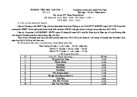Kế hoạch Dạy học môn Âm Nhạc Lớp 1 - Năm học 2022-2023 (Phan Hùng Duyệt)