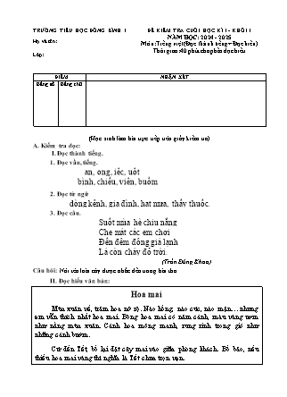 Ma trận và Đề kiểm tra cuối học kì I môn Toán + Tiếng Việt 1 năm học 2024-2025 (Kèm hướng dẫn chấm)