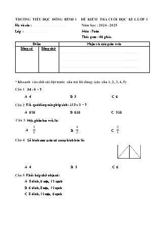 Ma trận và Đề kiểm tra cuối học kì I môn Toán + Tiếng Việt + Công Nghệ 3 năm học 2024-2025 (Kèm hướng dẫn chấm)