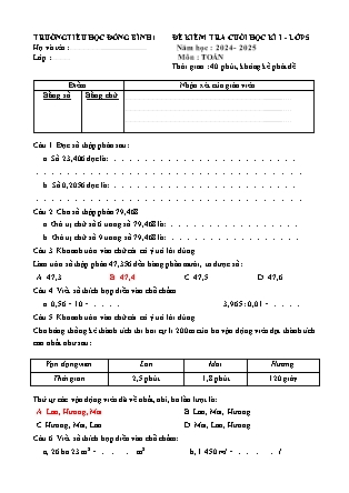 Ma trận và Đề kiểm tra cuối học kì I môn Toán + Tiếng Việt + Lịch Sử và Địa Lí + Khoa Học + Công Nghệ 5 năm học 2024-2025 (Kèm hướng dẫn chấm)