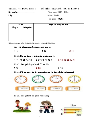 Ma trận và Đề kiểm tra cuối kì I môn Toán + Tiếng Việt 2 năm học 2023-2024 (Kèm hướng dẫn chấm)