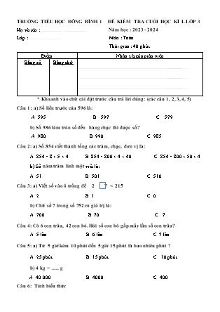 Ma trận và Đề kiểm tra cuối kì I môn Toán + Tiếng Việt + Công Nghệ 3 năm học 2023-2024 (Kèm hướng dẫn chấm)