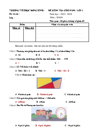 Ma trận và Đề kiểm tra cuối năm môn Toán + Tiếng Việt 2 năm học 2023-2024 (Kèm hướng dẫn chấm)