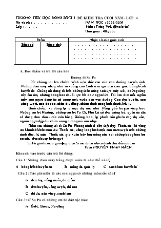 Ma trận và Đề kiểm tra cuối năm môn Toán + Tiếng Việt + Khoa Học + Lịch Sử và Địa Lí + Công Nghệ 4 năm học 2023-2024 (Kèm hướng dẫn chấm)