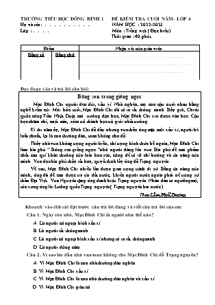 Ma trận và Đề kiểm tra cuối năm môn Toán + Tiếng Việt + Khoa Học + Lịch Sử và Địa Lí 4 năm học 2022-2023 (Kèm hướng dẫn chấm)