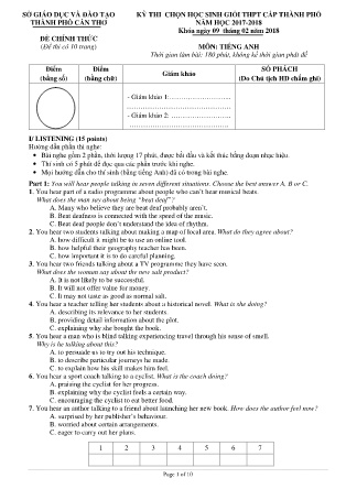 Ma trận và Đề thi Kỳ thi HSG THPT Cấp Thành phố Môn Tiếng Anh NH 2017-2018 Sở GD&ĐT TP Cần Thơ (Kèm hướng dẫn chấm)