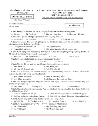 Đề thi tham khảo Kỳ thi Tuyển sinh Lớp 10 THPT môn Lịch Sử năm học 2019-2020 - Sở GD&ĐT Bắc Giang