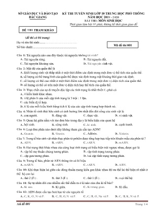 Đề thi tham khảo Kỳ thi Tuyển sinh Lớp 10 THPT môn Sinh Học năm học 2019-2020 - Sở GD&ĐT Bắc Giang