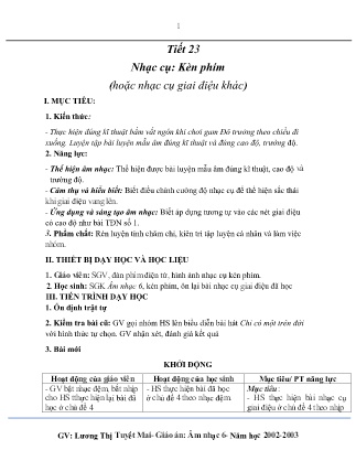 Kế hoạch bài dạy môn Âm Nhạc 6 - Tuần 29, Chủ đề 6: Mẹ trong trái tim em - Tiết 23: Nhạc cụ: Kèn phím - Hoặc nhạc cụ giai điệu khác (GV: Lương Thị Tuyết Mai)