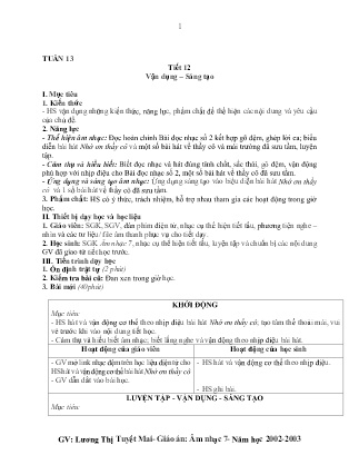 Kế hoạch bài dạy môn Âm Nhạc 7 - Tuần 13, Chủ đề 3: Thầy cô và mái trường - Tiết 12: Vận dụng - Sáng tạo (GV: Lương Thị Tuyết Mai)