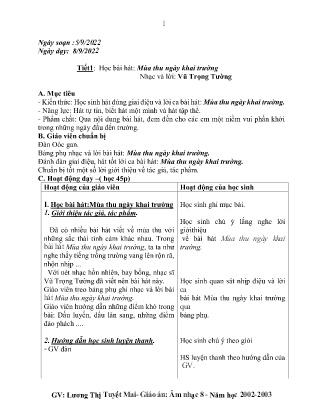 Kế hoạch bài dạy môn Âm Nhạc 8 - Tuần 1, Tiết 1: Học bài hát: Mùa thu ngày khai trường (GV: Lương Thị Tuyết Mai)