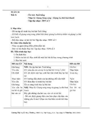 Kế hoạch bài dạy môn Âm Nhạc 8 - Tuần 10, Tiết 8: Ôn hát: Tuổi hồng, Nhạc lý: Giọng Song song - Giọng La thứ hoà thanh, Tập đọc nhạc: TĐN số 3 (GV: Lương Thị Tuyết Mai)