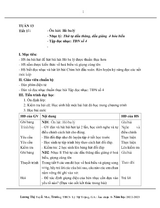 Kế hoạch bài dạy môn Âm Nhạc 8 - Tuần 13, Tiết 11: Ôn hát: Hò ba lý, Nhạc lý: Thứ tự dấu thăng, dấu giáng ở hóa biểu, Tập đọc nhạc: TĐN số 4 (GV: Lương Thị Tuyết Mai)